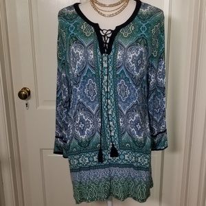 CB Boho Peasant Blouse w Black Cording Tassels EUC